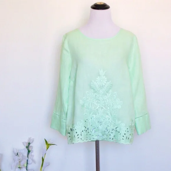 NEW! J. Crew Floral Embroidered 100% Linen Blouse Exposed Zipper Mint Green SZ 2 - Picture 3 of 8
